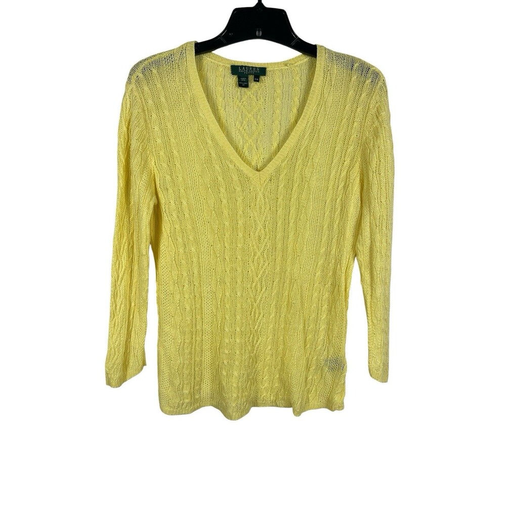 Lauren Ralph Lauren Women’s M Petite Yellow Linen Cable Knit V-Neck Sweater Top
